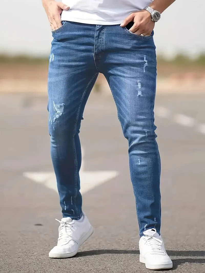 Men's Trendy Slim Fit Distressed Jeans with Pockets