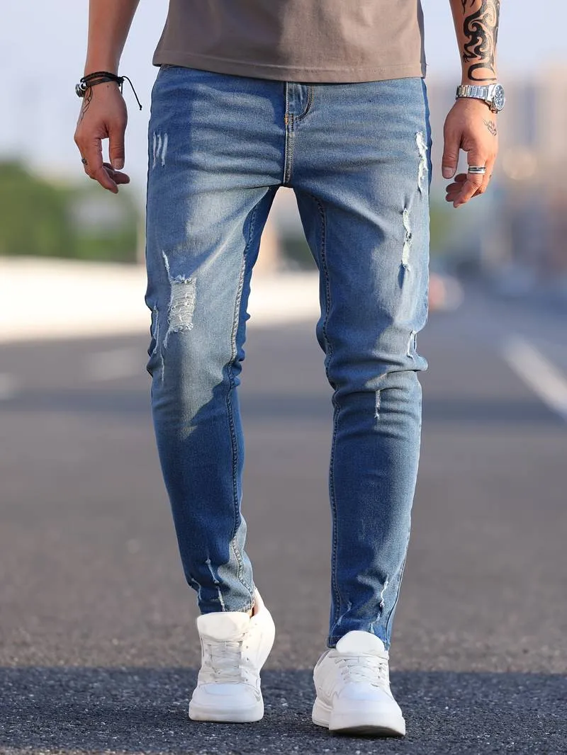 Men's Trendy Slim Fit Distressed Jeans with Pockets
