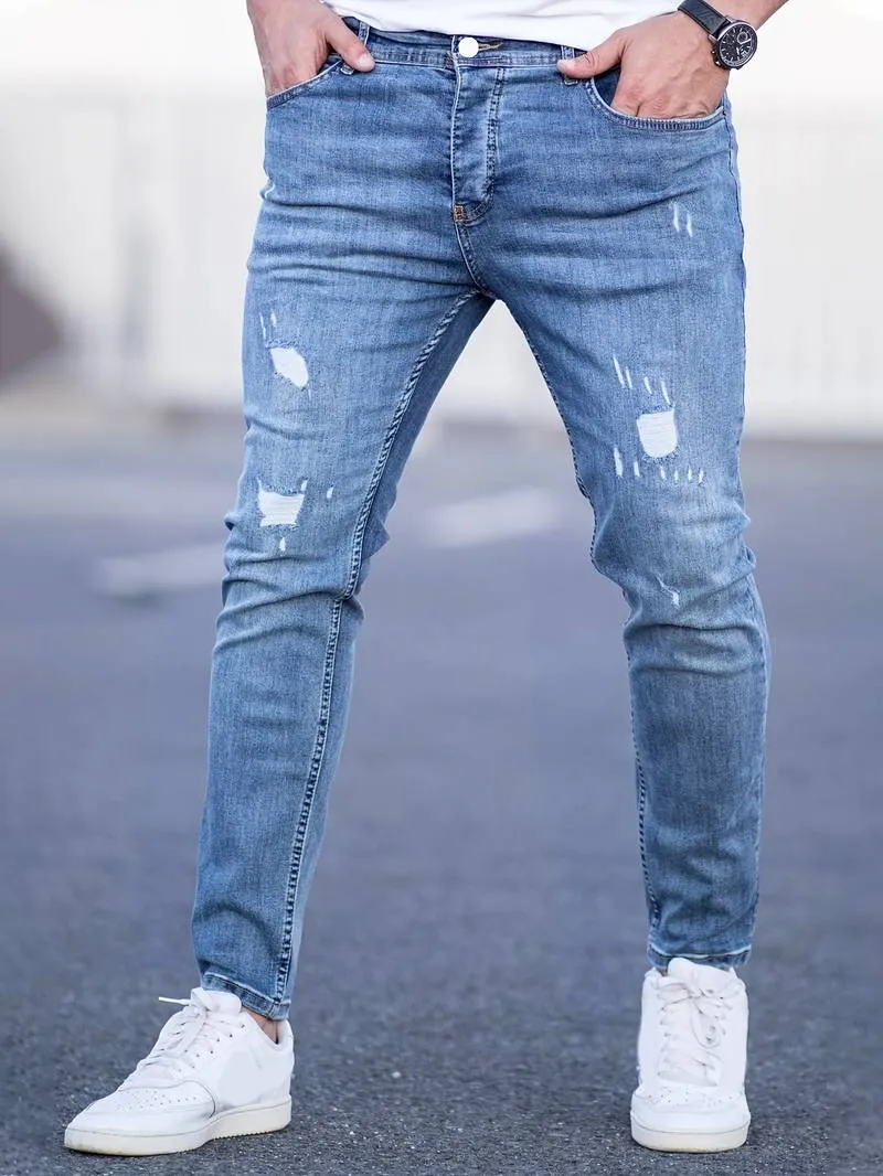 Men's Trendy Slim Fit Distressed Jeans with Pockets