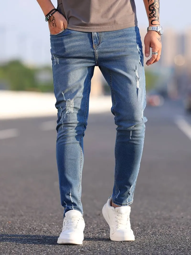 Men's Trendy Slim Fit Distressed Jeans with Pockets