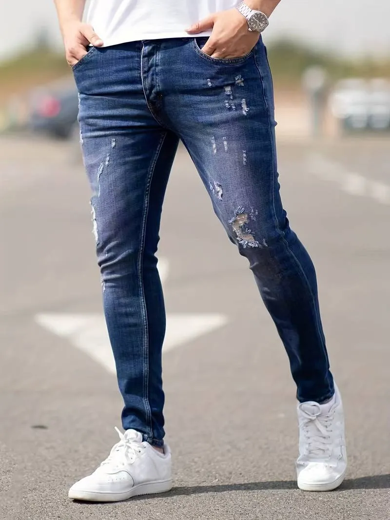 Men's Trendy Slim Fit Distressed Jeans with Pockets