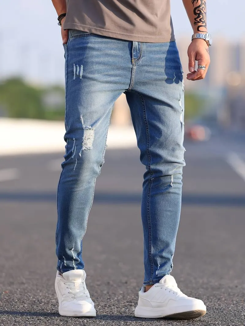 Men's Trendy Slim Fit Distressed Jeans with Pockets