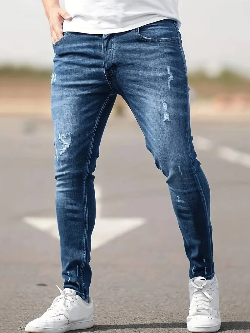Men's Trendy Slim Fit Distressed Jeans with Pockets