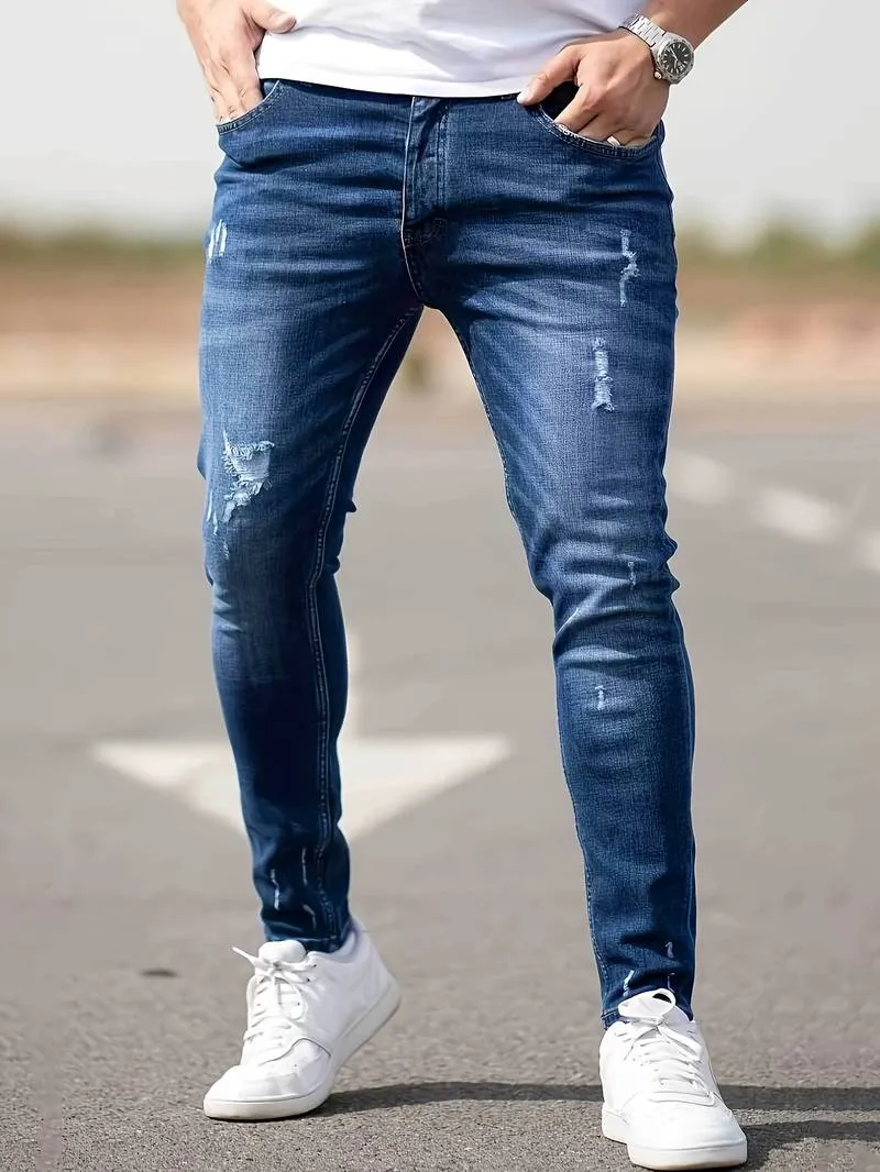 Men's Trendy Slim Fit Distressed Jeans with Pockets
