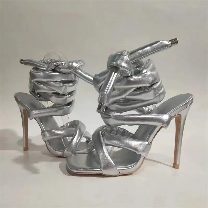 Metal Silver Thick Strap Lace Up Heels