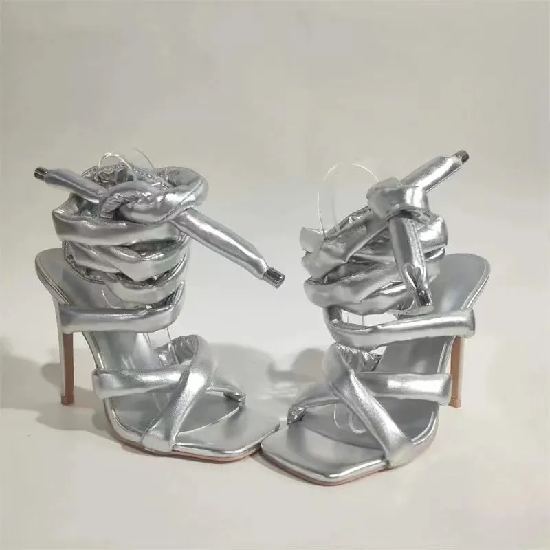 Metal Silver Thick Strap Lace Up Heels