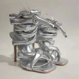 Metal Silver Thick Strap Lace Up Heels
