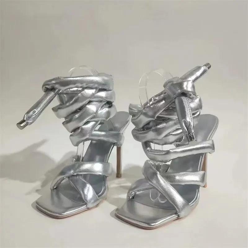 Metal Silver Thick Strap Lace Up Heels