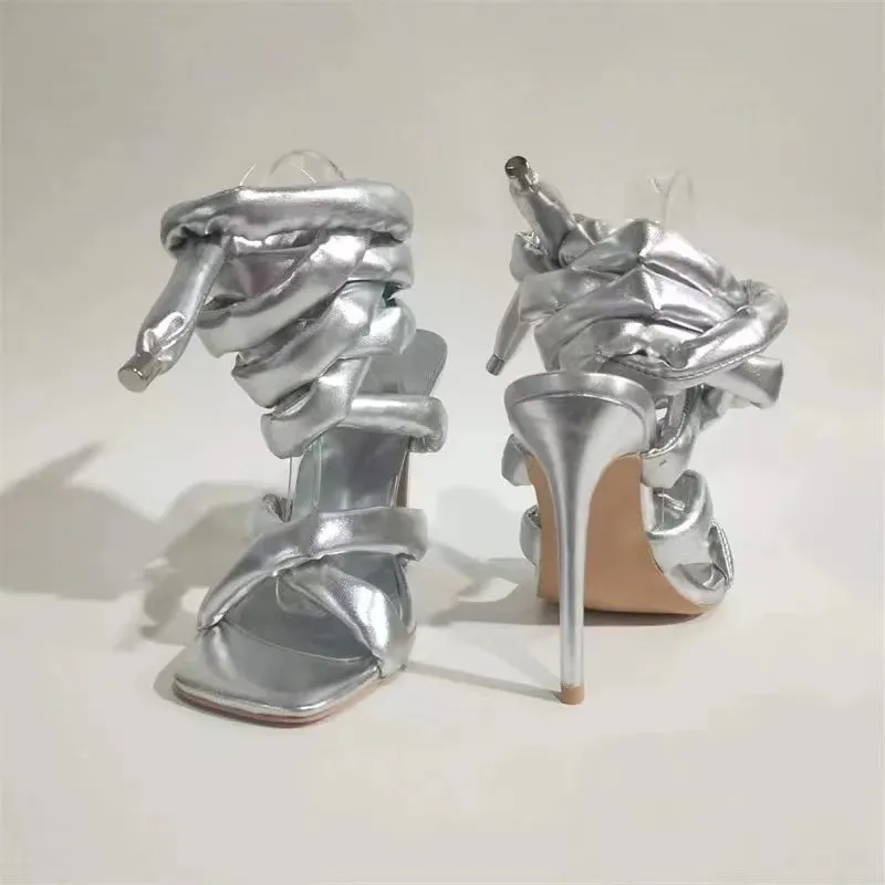 Metal Silver Thick Strap Lace Up Heels