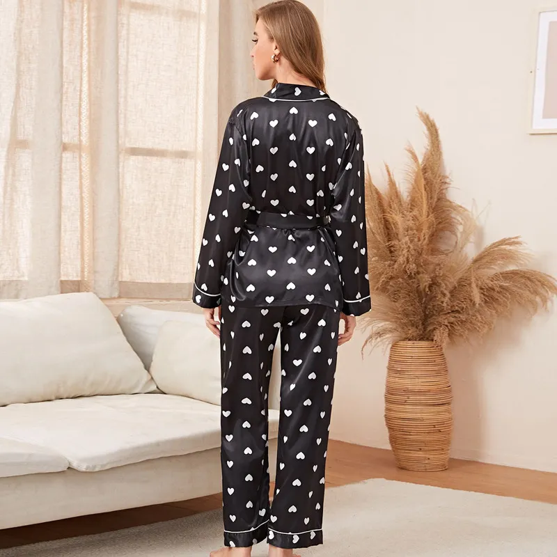 Midnight Romance Heart Print Satin Loungewear Set