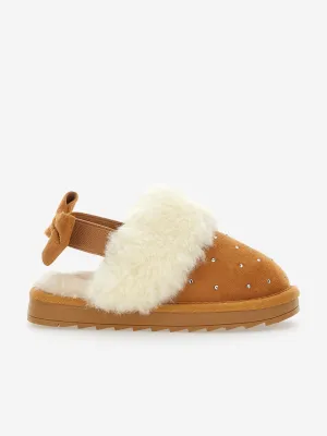 Monnalisa Girls Suede Slippers With Rhinestones in Beige