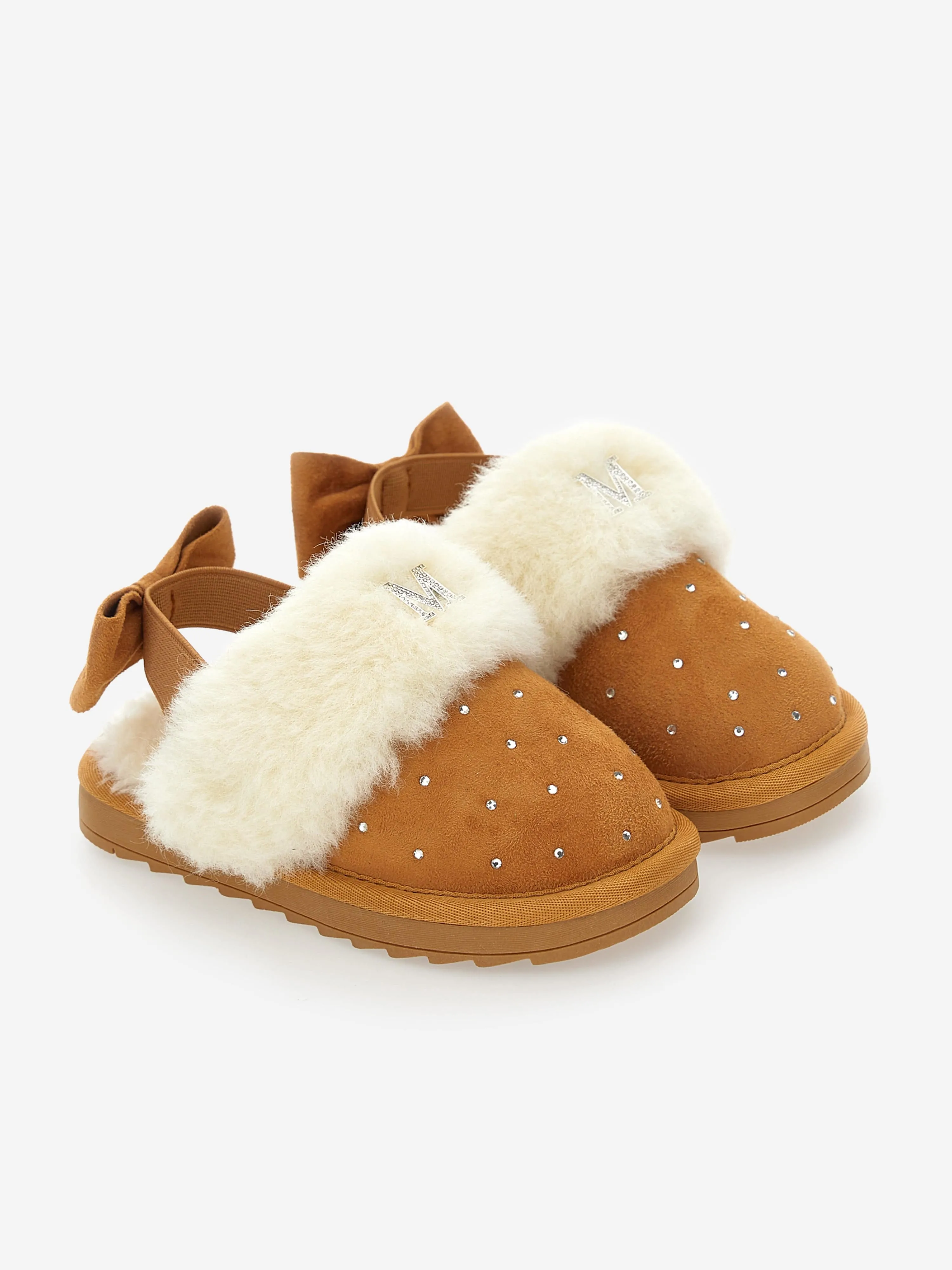 Monnalisa Girls Suede Slippers With Rhinestones in Beige