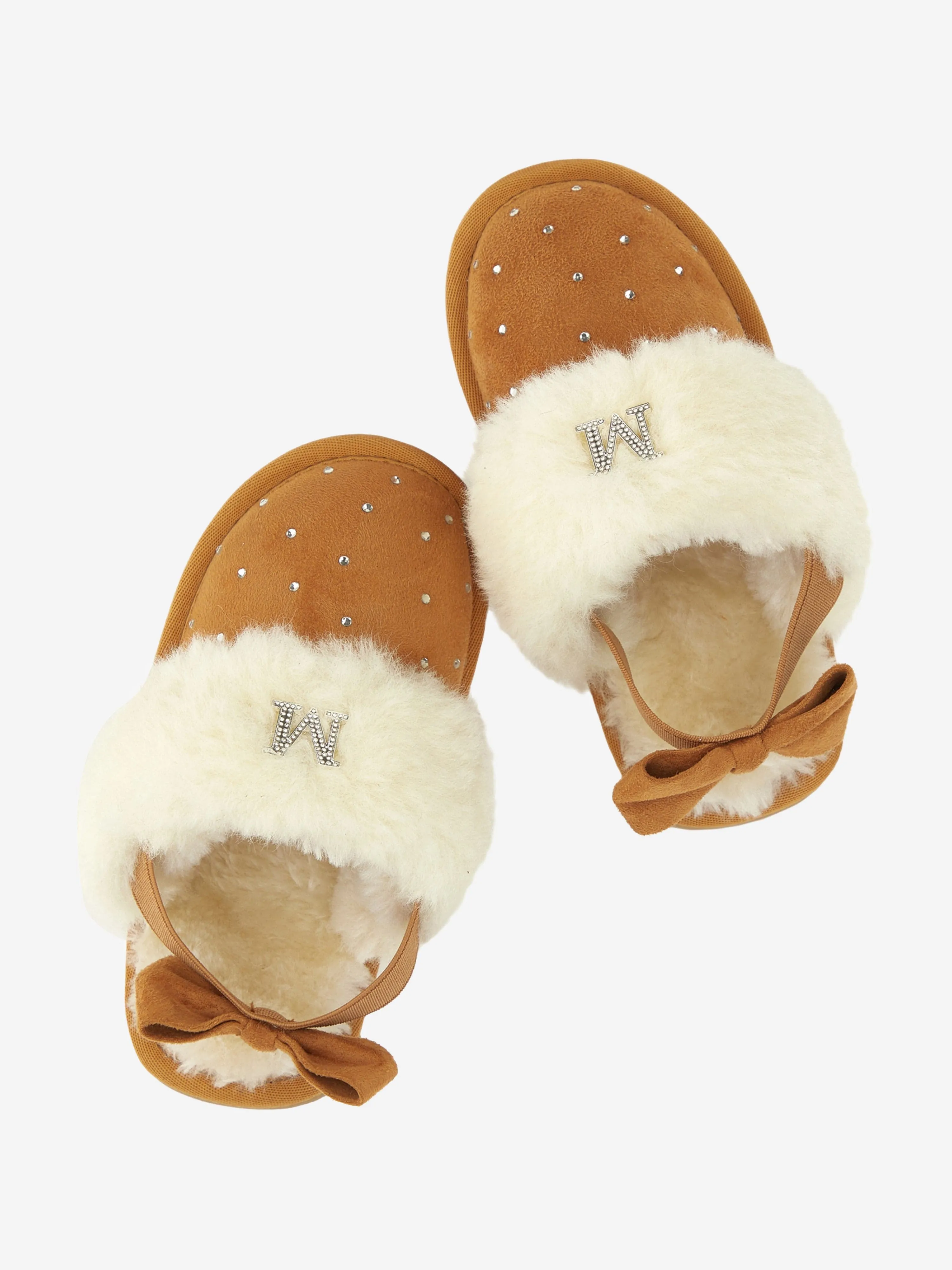 Monnalisa Girls Suede Slippers With Rhinestones in Beige