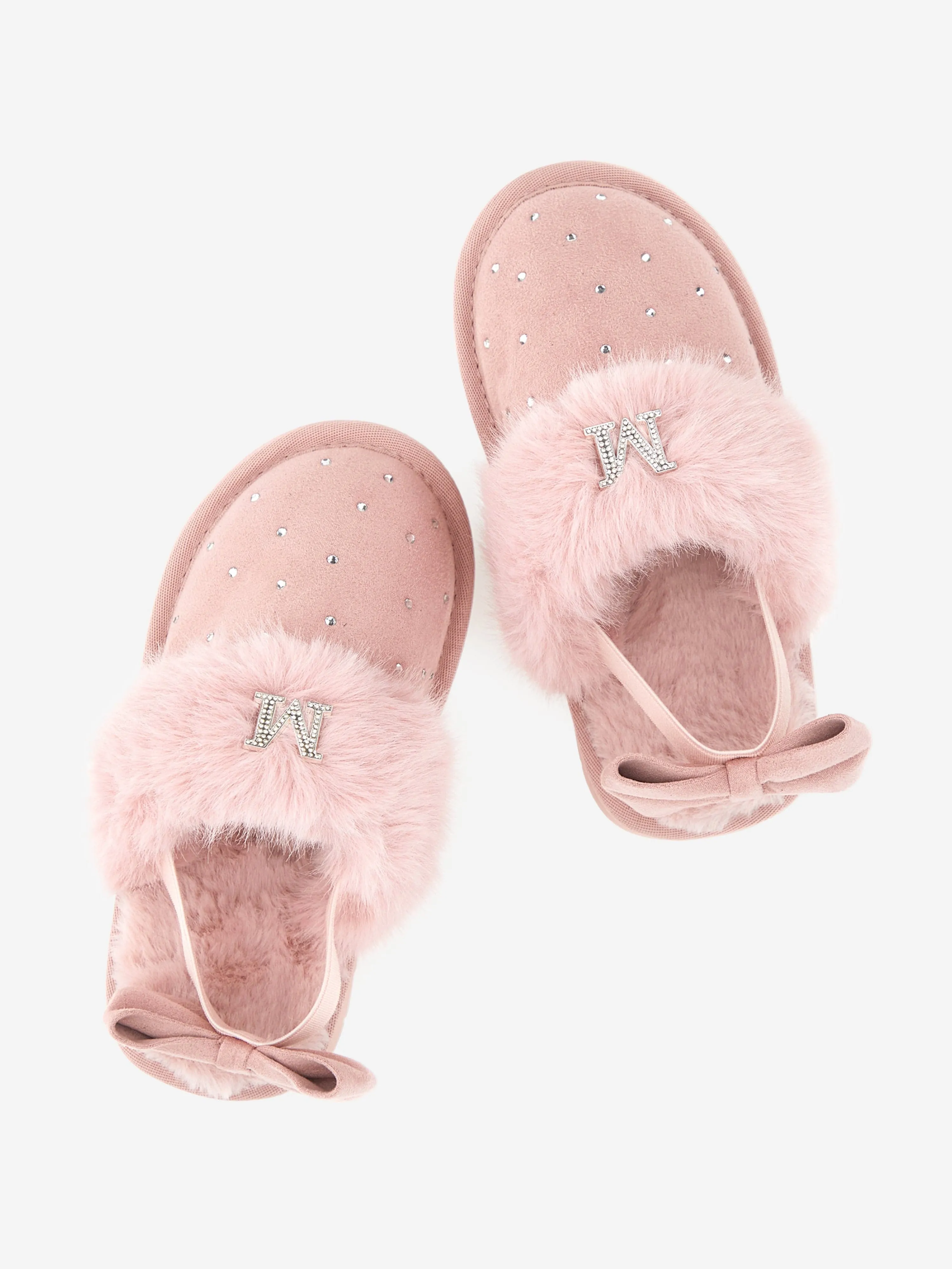 Monnalisa Girls Suede Slippers With Rhinestones in Pink
