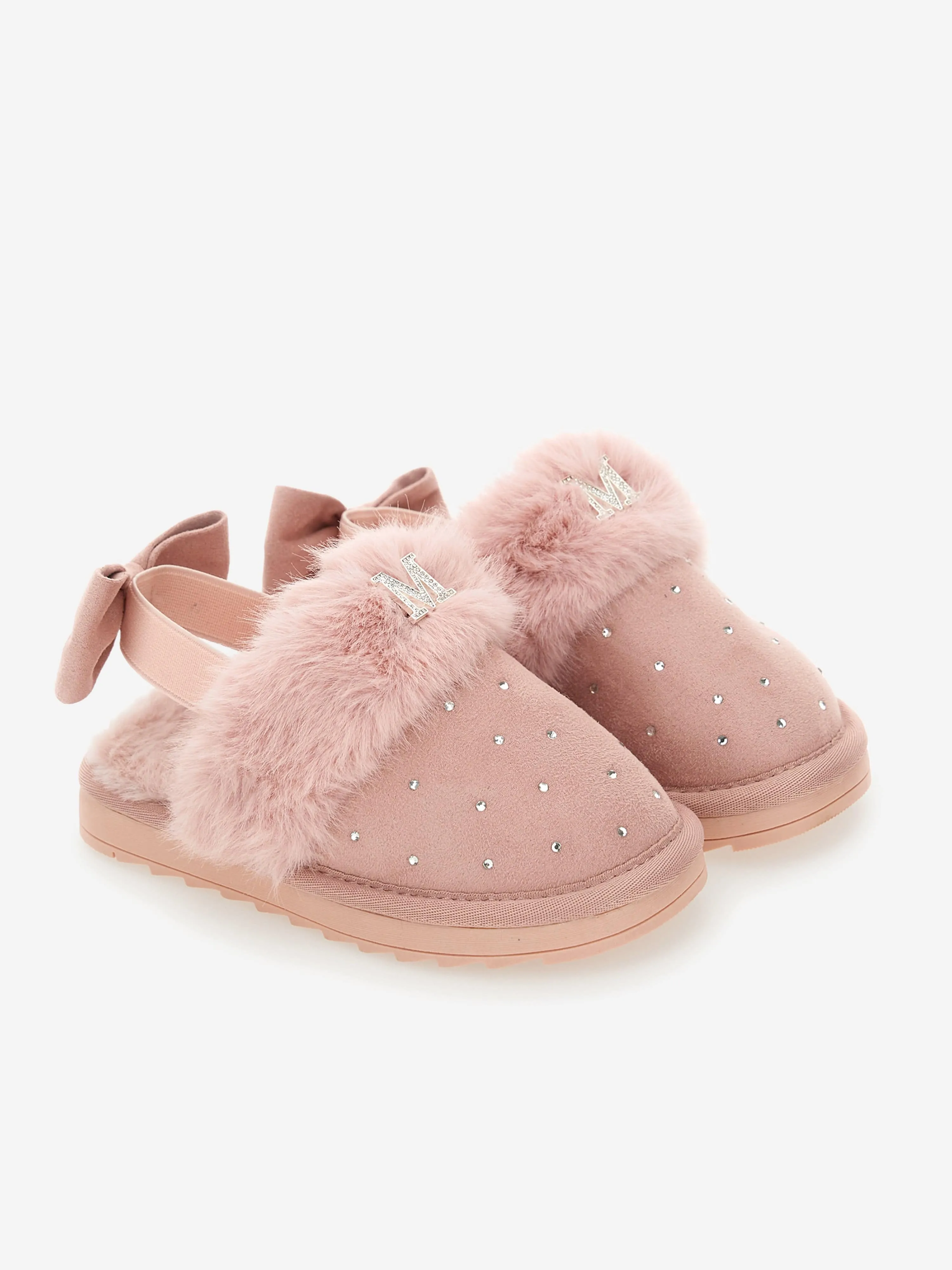 Monnalisa Girls Suede Slippers With Rhinestones in Pink