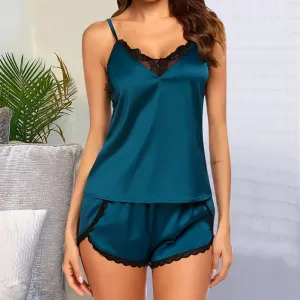 Moonlight Kiss Satin Lace Trim Cami Loungewear Set