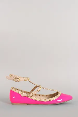 Neon Patent Pyramid Studded T-Strap Flat