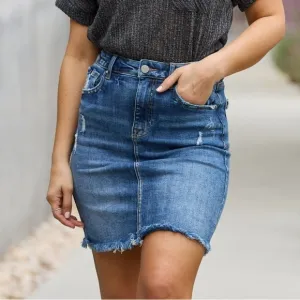 NEW RISEN Amelia Medium Wash High Rise Raw Hem Denim Mini Skirt