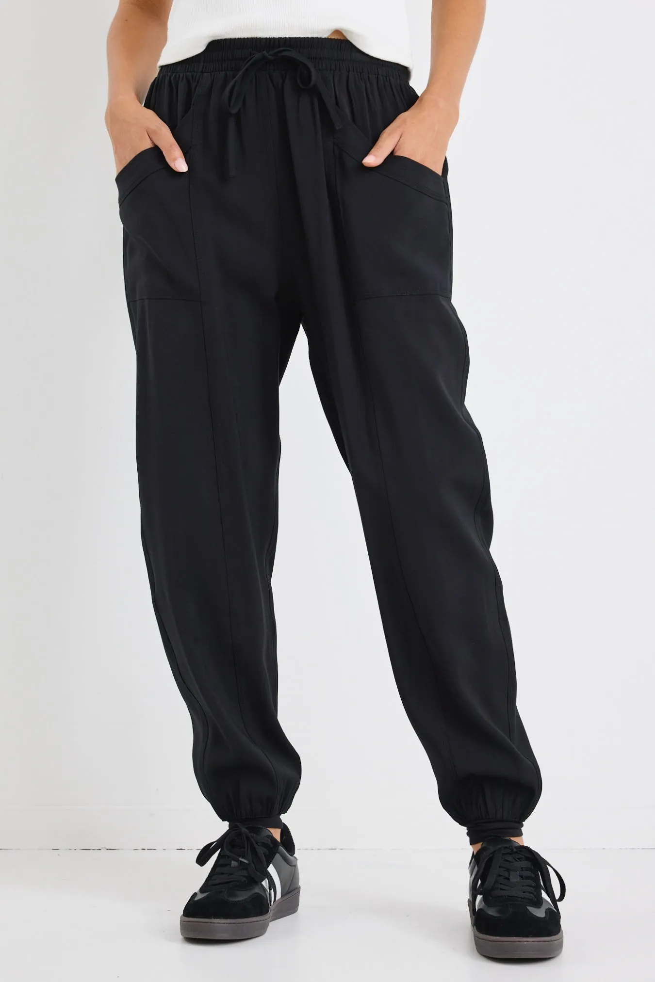 New Warrior Black Relaxed Drapey Drawstring Stretch Cuff Pant
