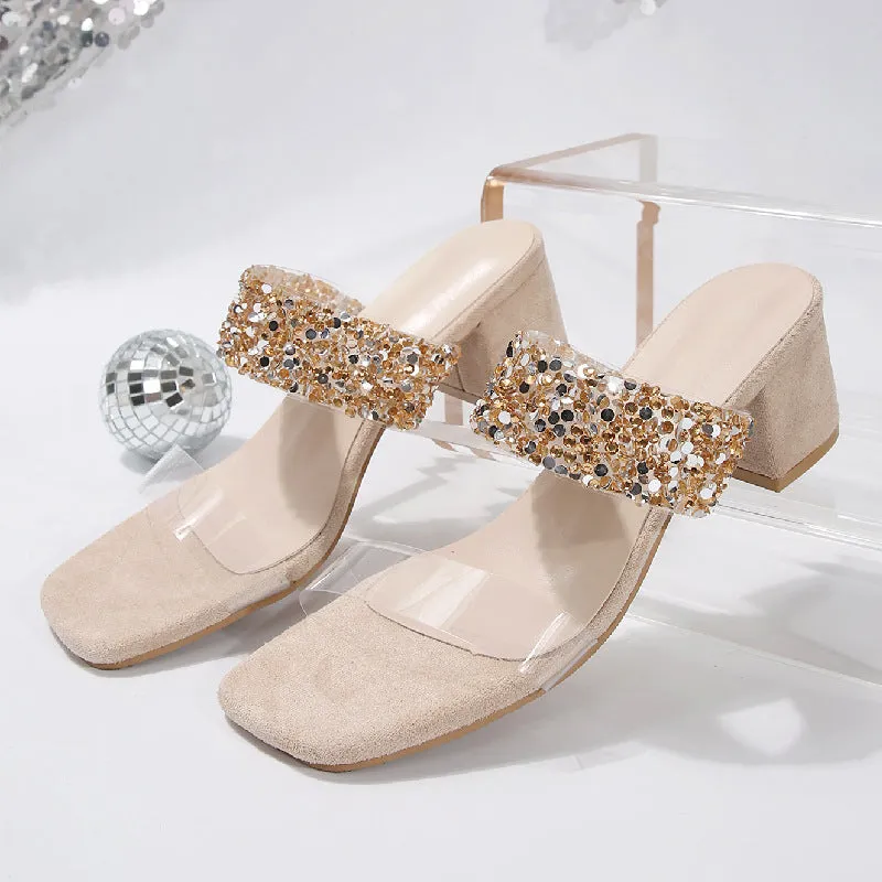 One Strap Chunky Heel Square Toe Rhinestone Chunky Heel Sandals