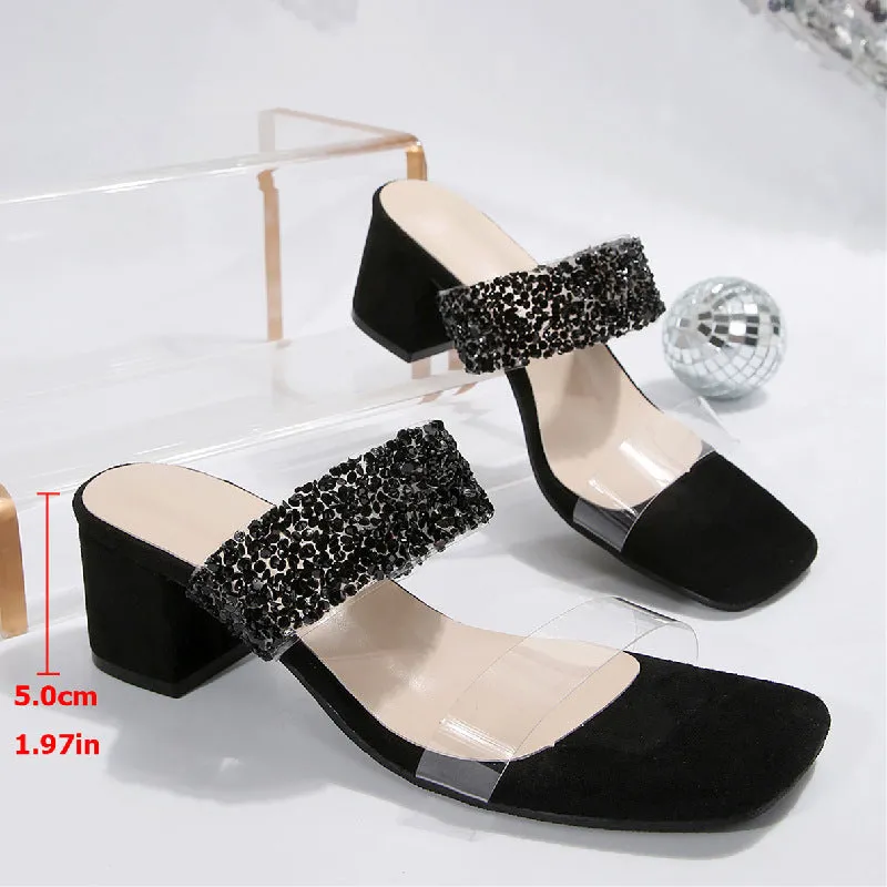 One Strap Chunky Heel Square Toe Rhinestone Chunky Heel Sandals