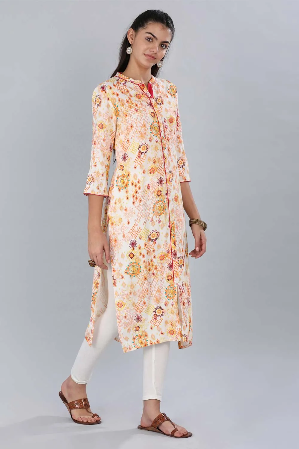 Orange Mandarin Neck Printed kurta