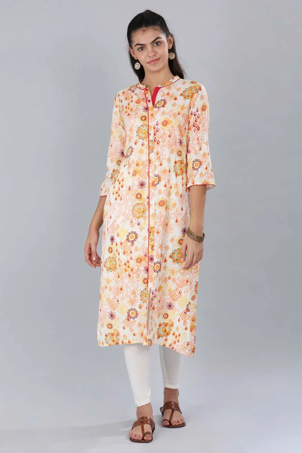 Orange Mandarin Neck Printed kurta