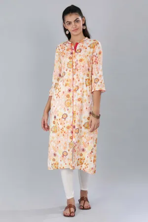 Orange Mandarin Neck Printed kurta