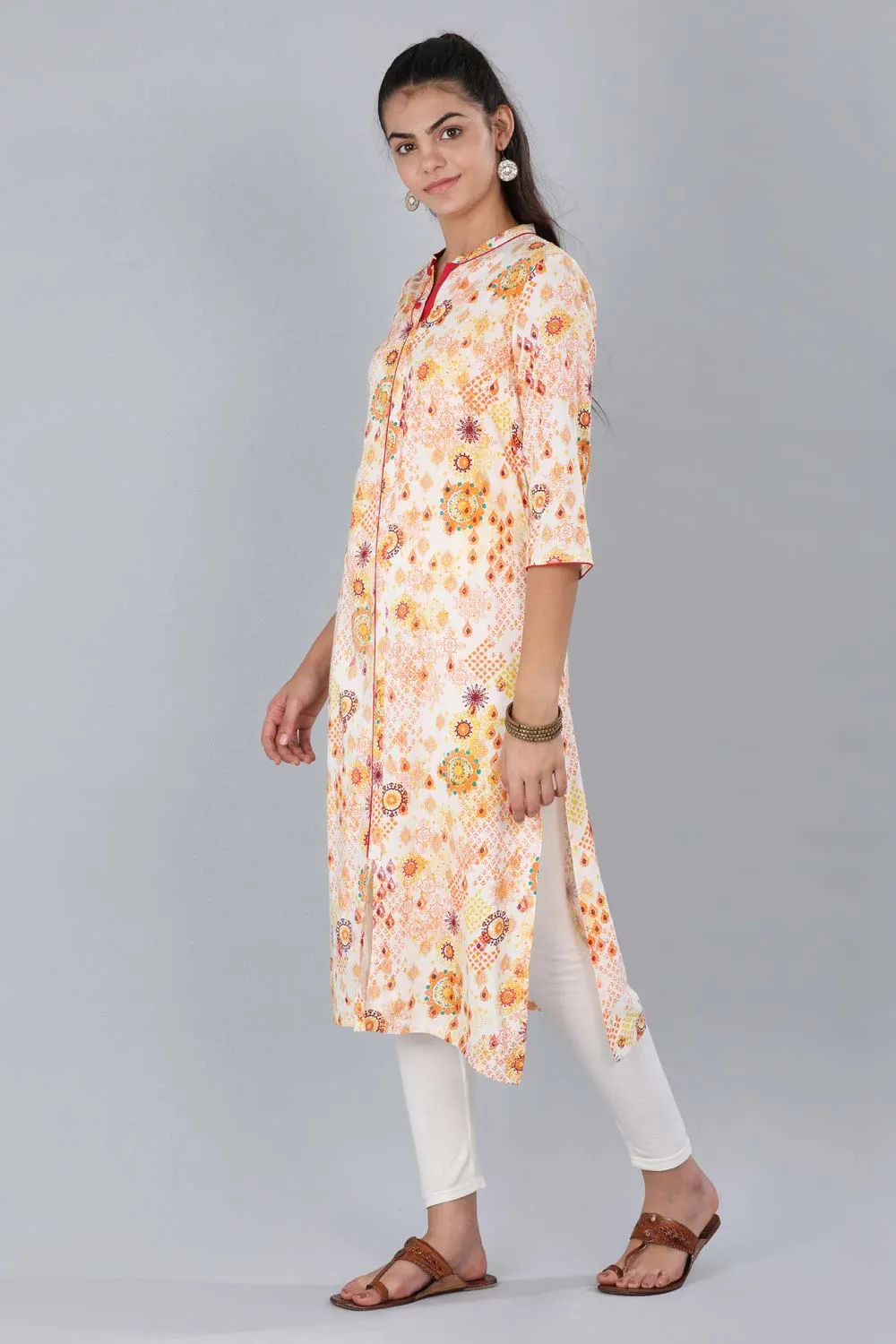 Orange Mandarin Neck Printed kurta