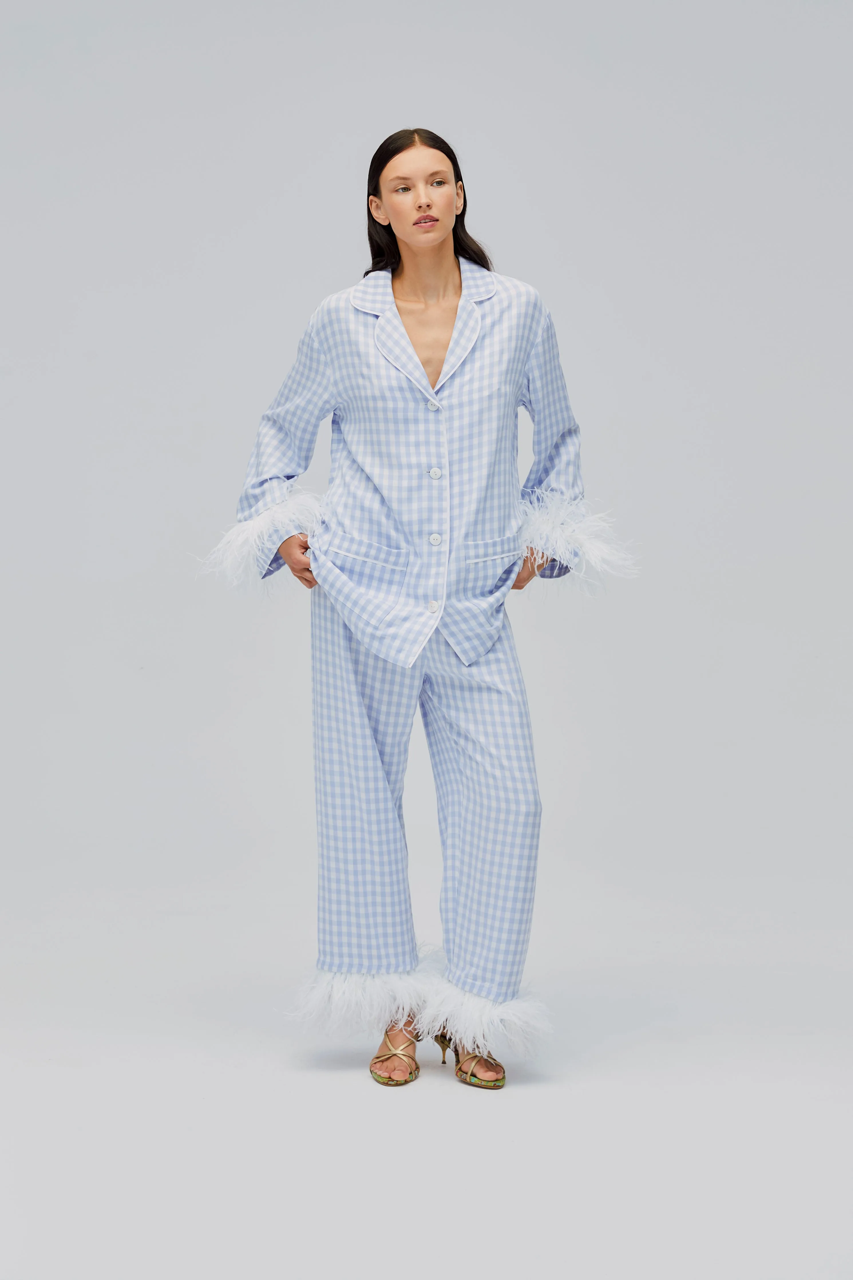Party Pyjamas Set with Detachable Feathers in Blue Vichy