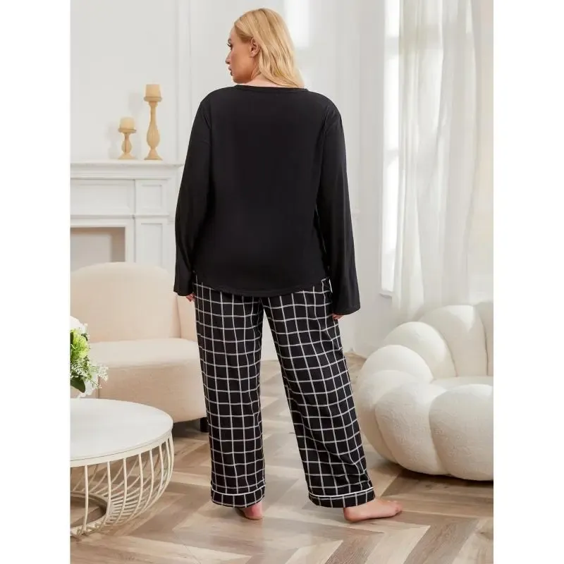 Plus Whimsy Buttoned V-Neck Pajama Top & Plaid Wide Leg Pants Set
