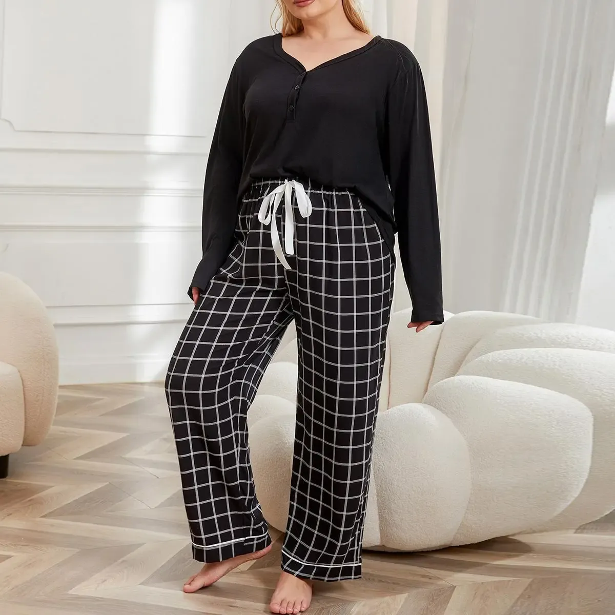 Plus Whimsy Buttoned V-Neck Pajama Top & Plaid Wide Leg Pants Set