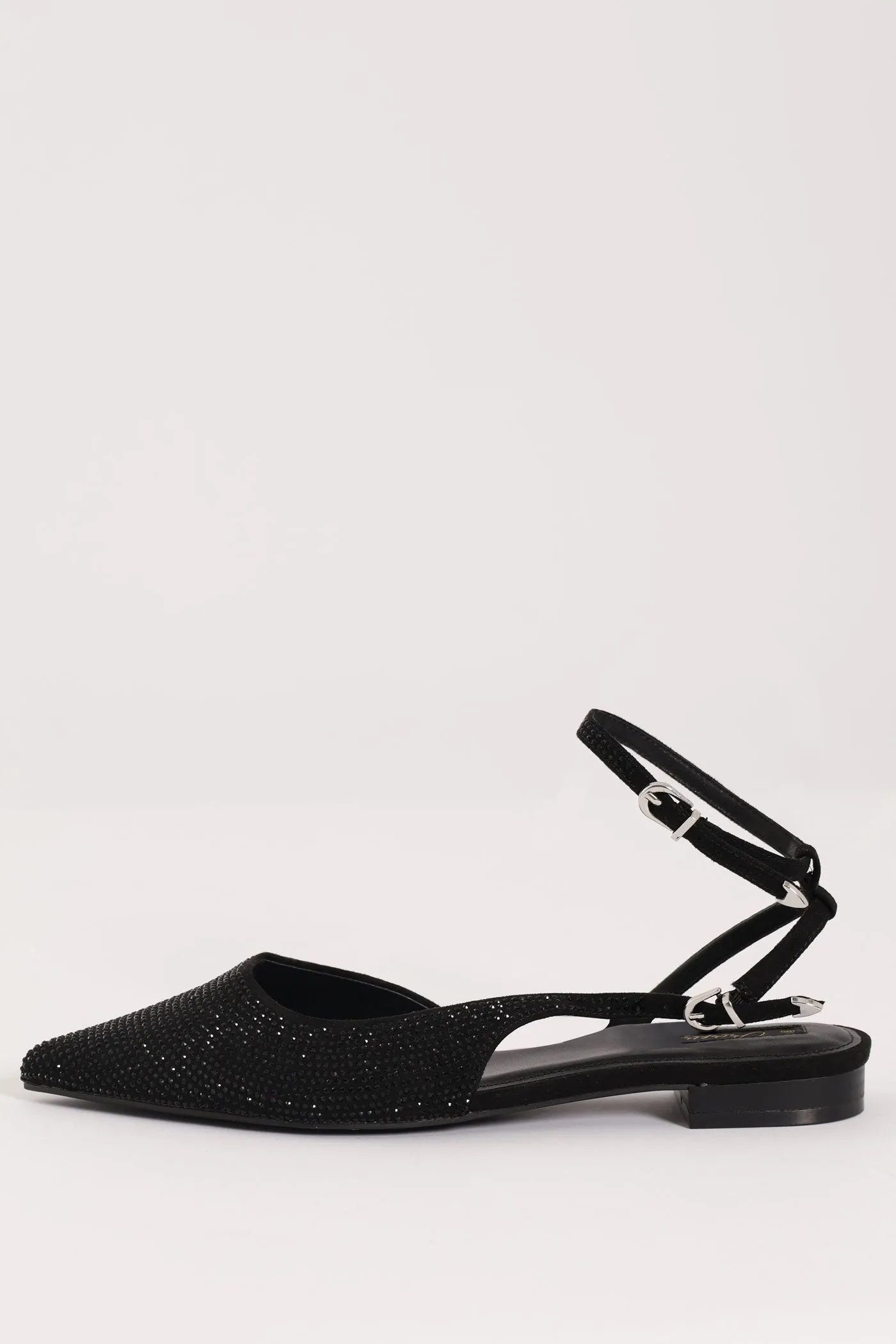 Pointy Diamante Double Strap Slingback Mule - Black
