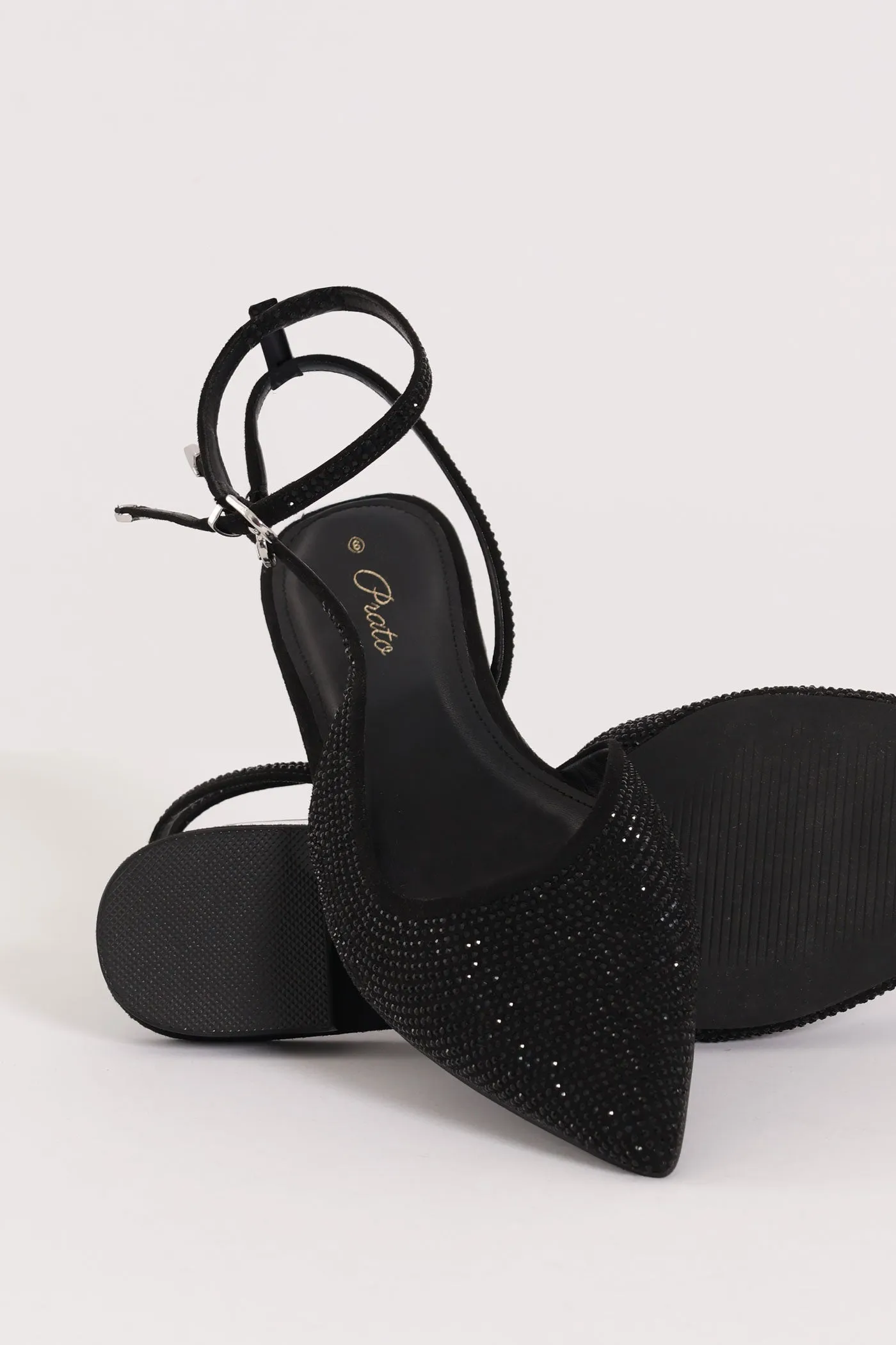 Pointy Diamante Double Strap Slingback Mule - Black