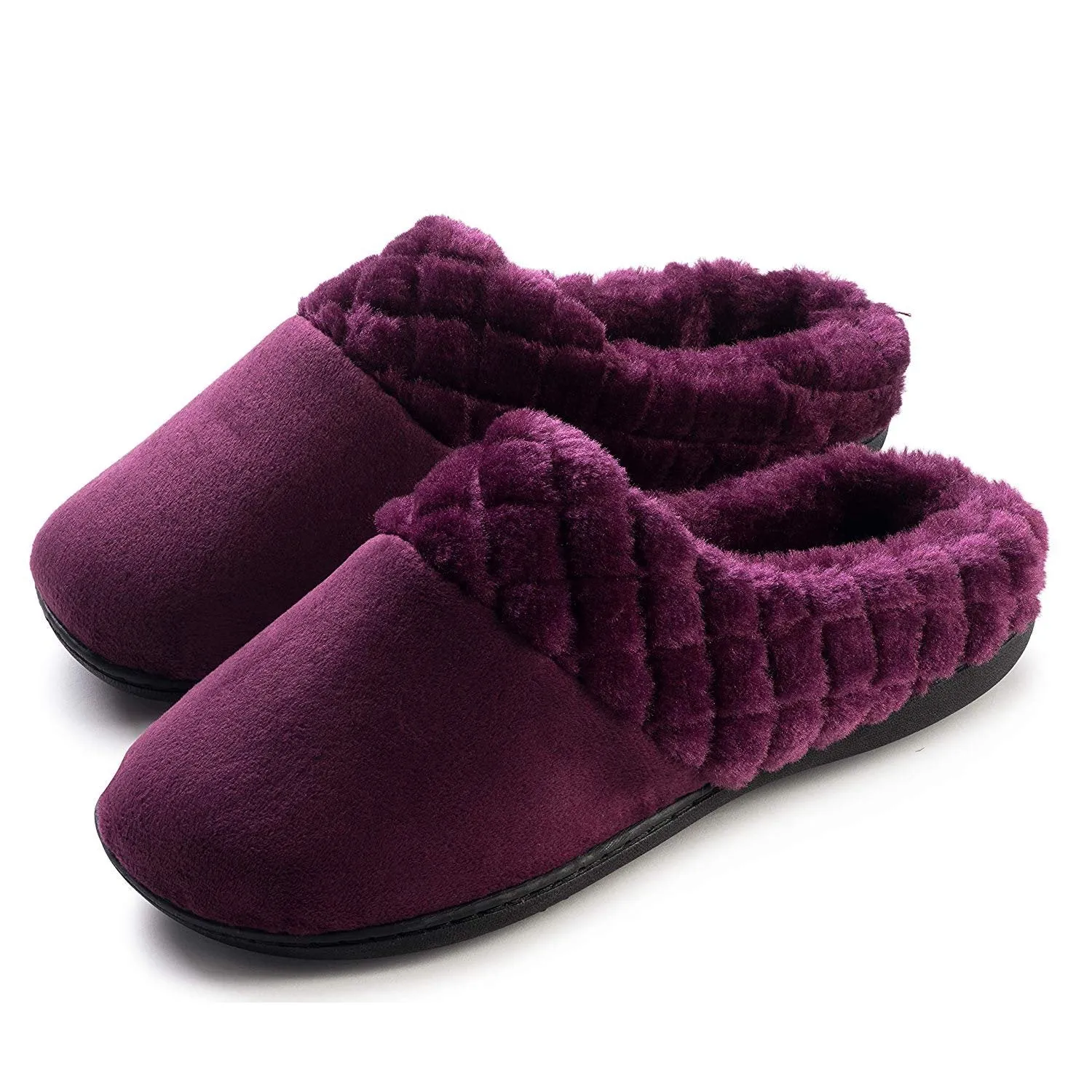 Roxoni Women’s Velour Slippers Memory Foam Clog Quilted Faux Fur Collar