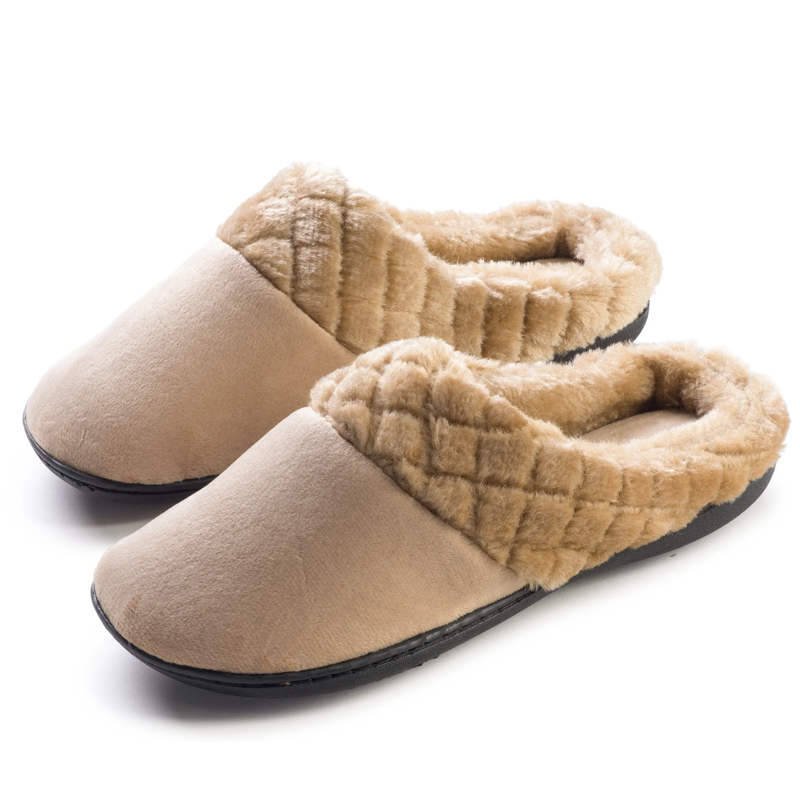Roxoni Women’s Velour Slippers Memory Foam Clog Quilted Faux Fur Collar
