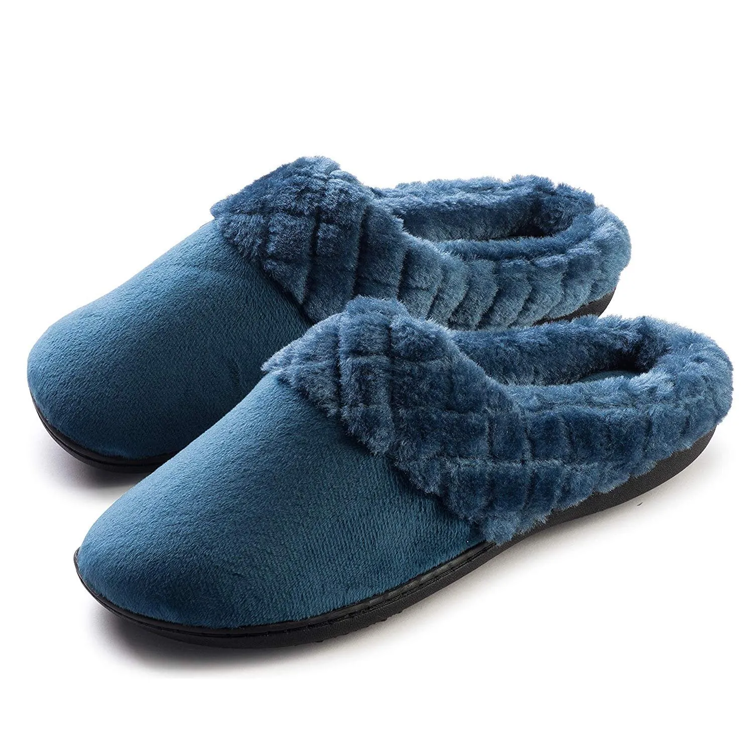 Roxoni Women’s Velour Slippers Memory Foam Clog Quilted Faux Fur Collar