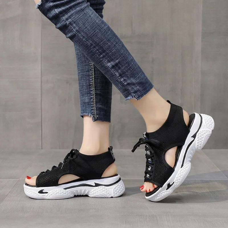 Sandals Wedges Footwear Summer Platform Sandals Shoes Female Slip On Peep Toe Knitted Ladies Sneakers Casual
