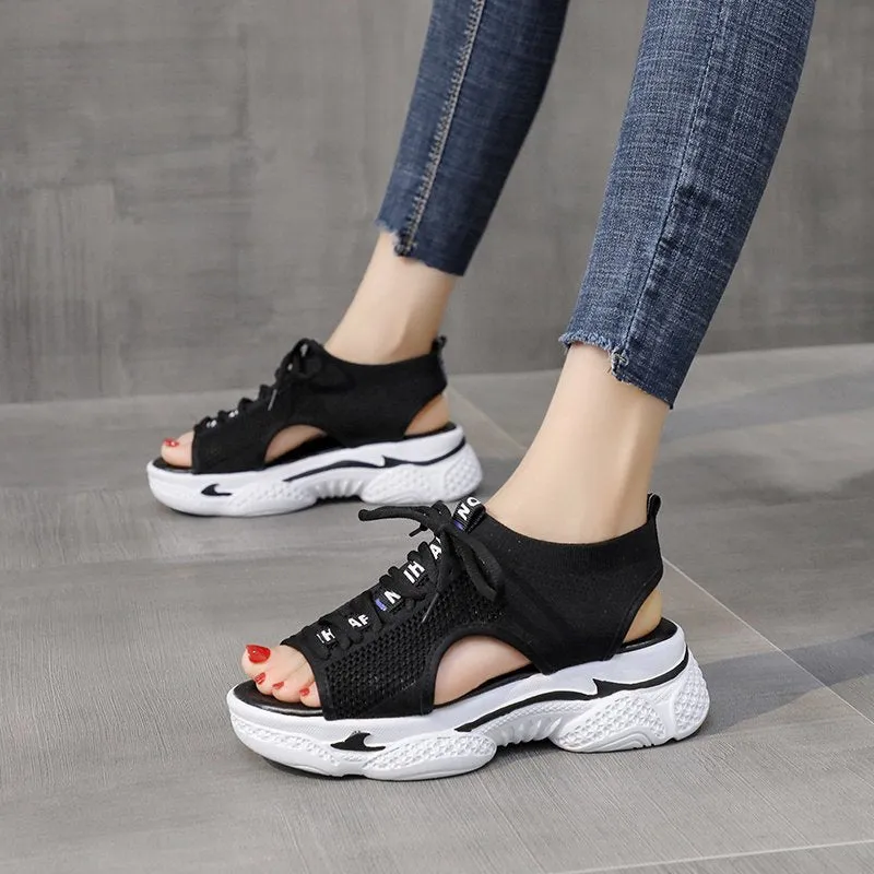 Sandals Wedges Footwear Summer Platform Sandals Shoes Female Slip On Peep Toe Knitted Ladies Sneakers Casual
