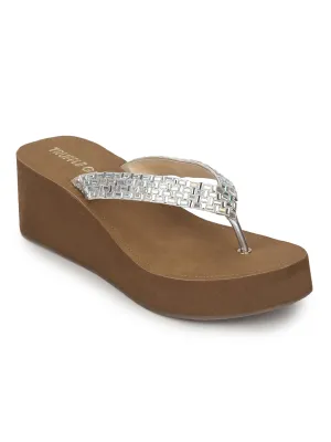 Silver PU Shimmer Knitted Strap Slip On Wedges