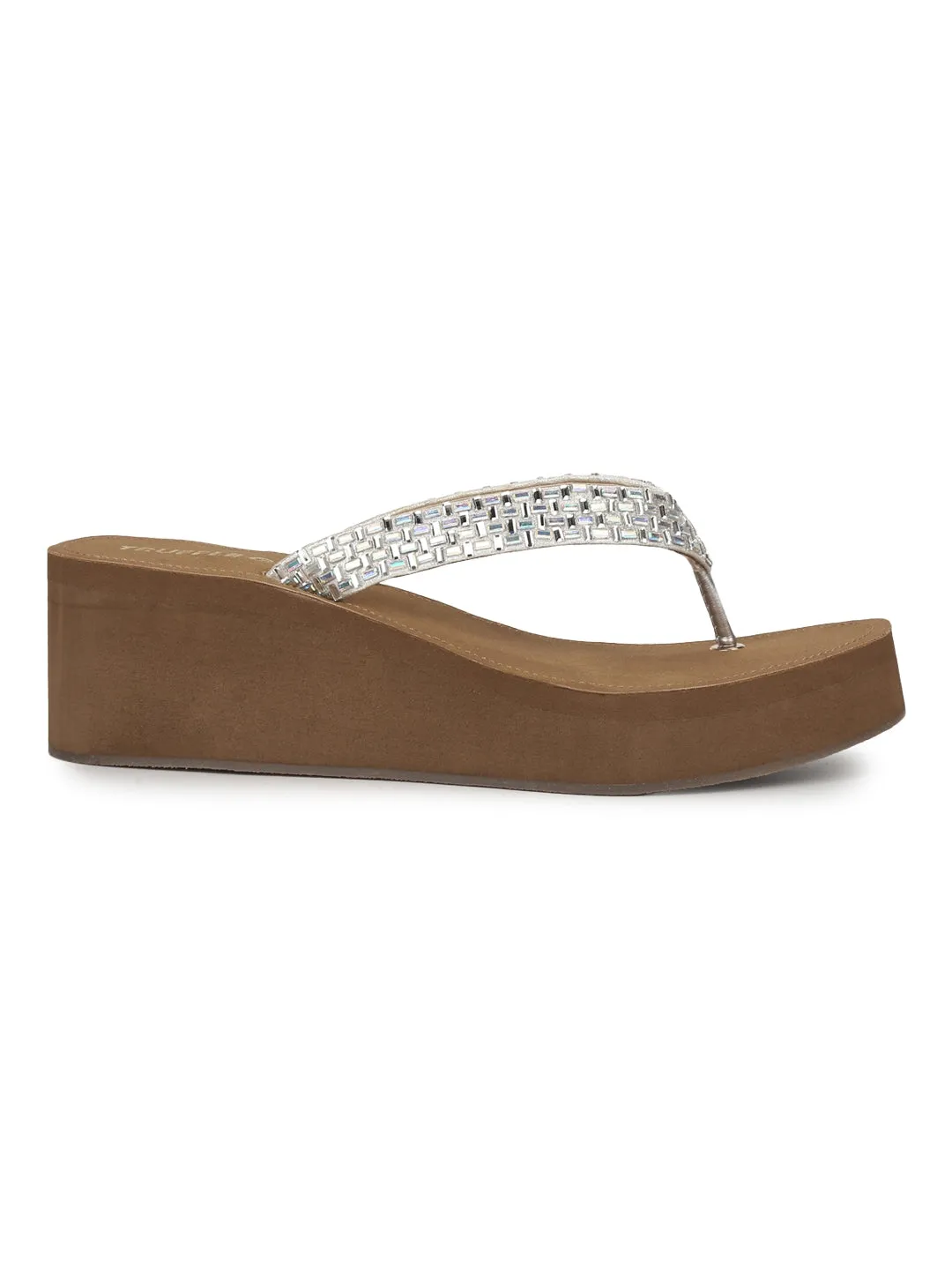 Silver PU Shimmer Knitted Strap Slip On Wedges