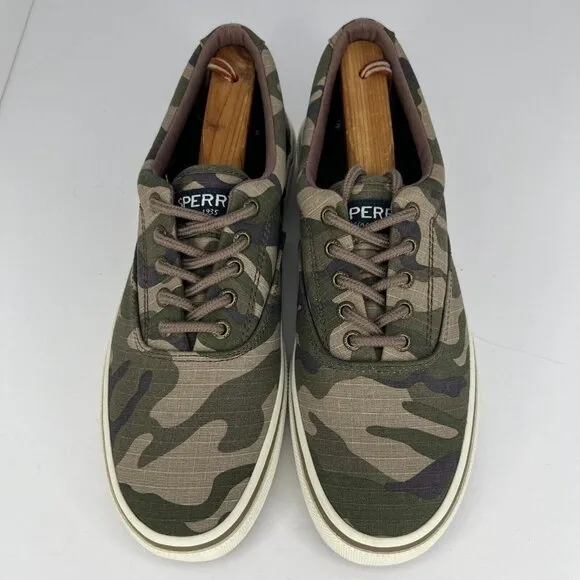 Sperry Mens STS23656 Green Halyard Camo Canvas Almond Toe Size 9 Sneakers