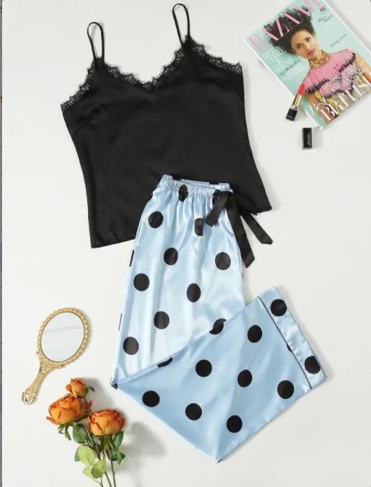 Spotlight Satin Lace Cami & Polka Dot Lounge Pants Set