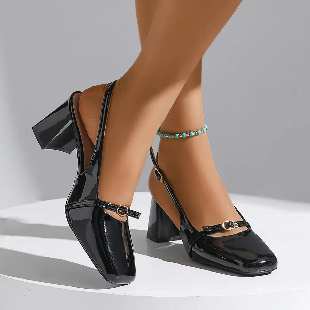 Square Toe Block Heels Pumps