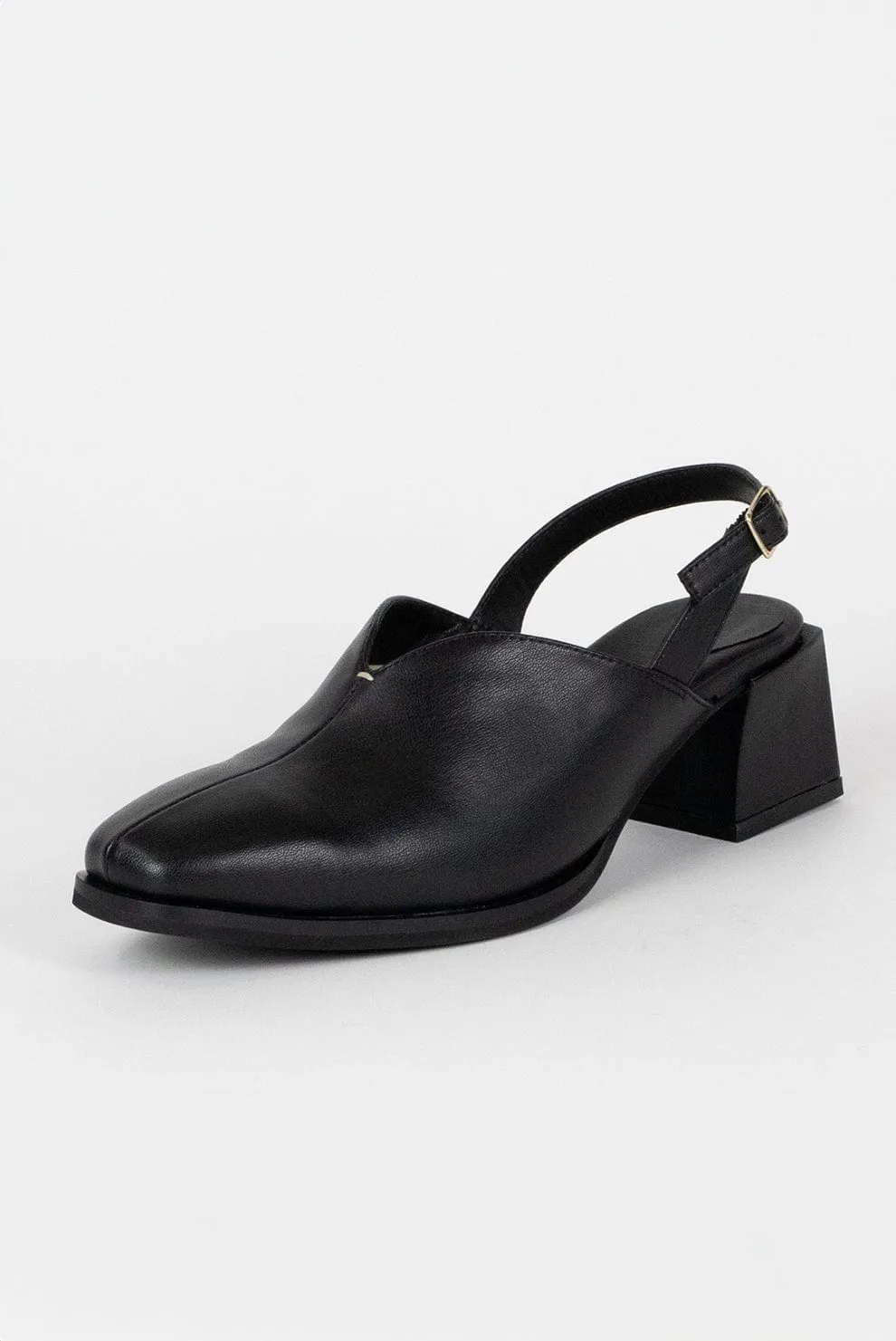 The Slingback V Vegan Apple Leather Heeled Mules | Black