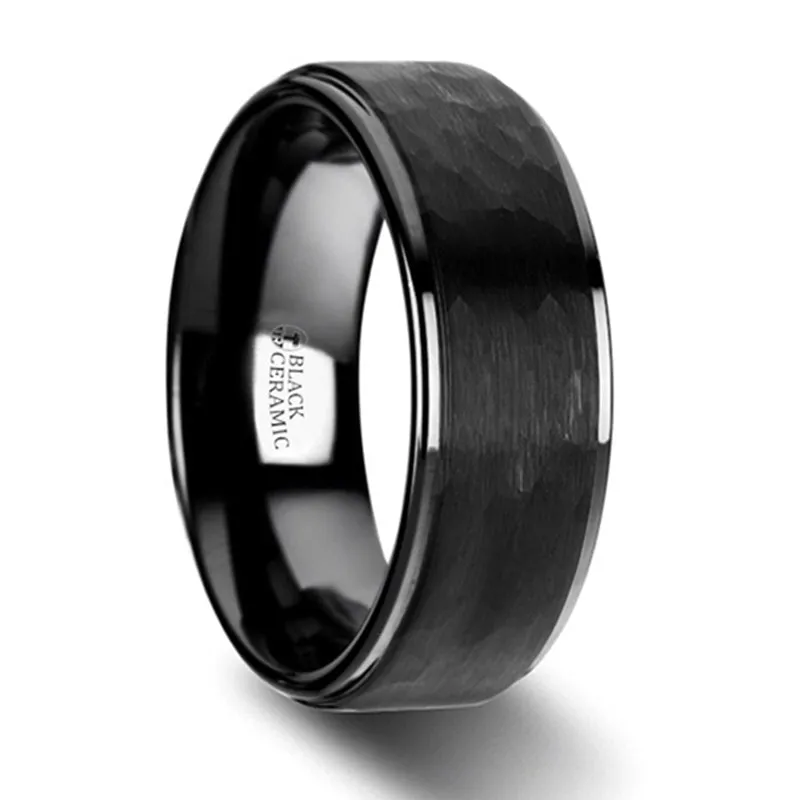 Thorsten Warrior Raised Hammer Finish Step Edge Black Ceramic Carbide Wedding Band w/ Brushed Finish (6-8mm) W4438-RHBC