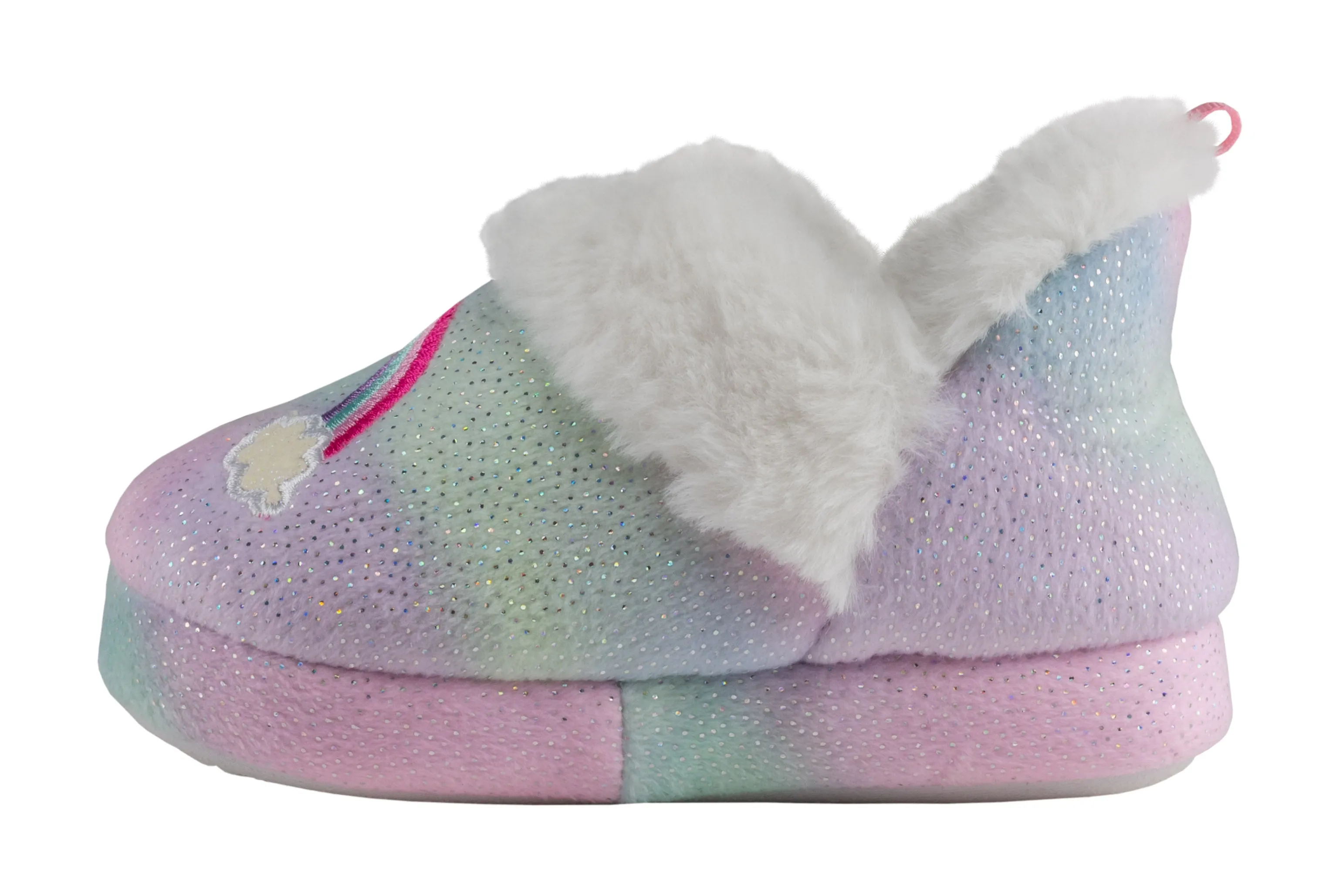 Toddler Girls Multi Color Soft Boa Slipper with Rainbow Embroidery