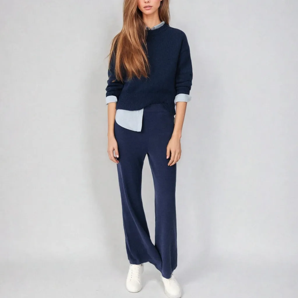 Tulip - Linen Knitted Wide-Leg Pants - Blue Indigo | Women's