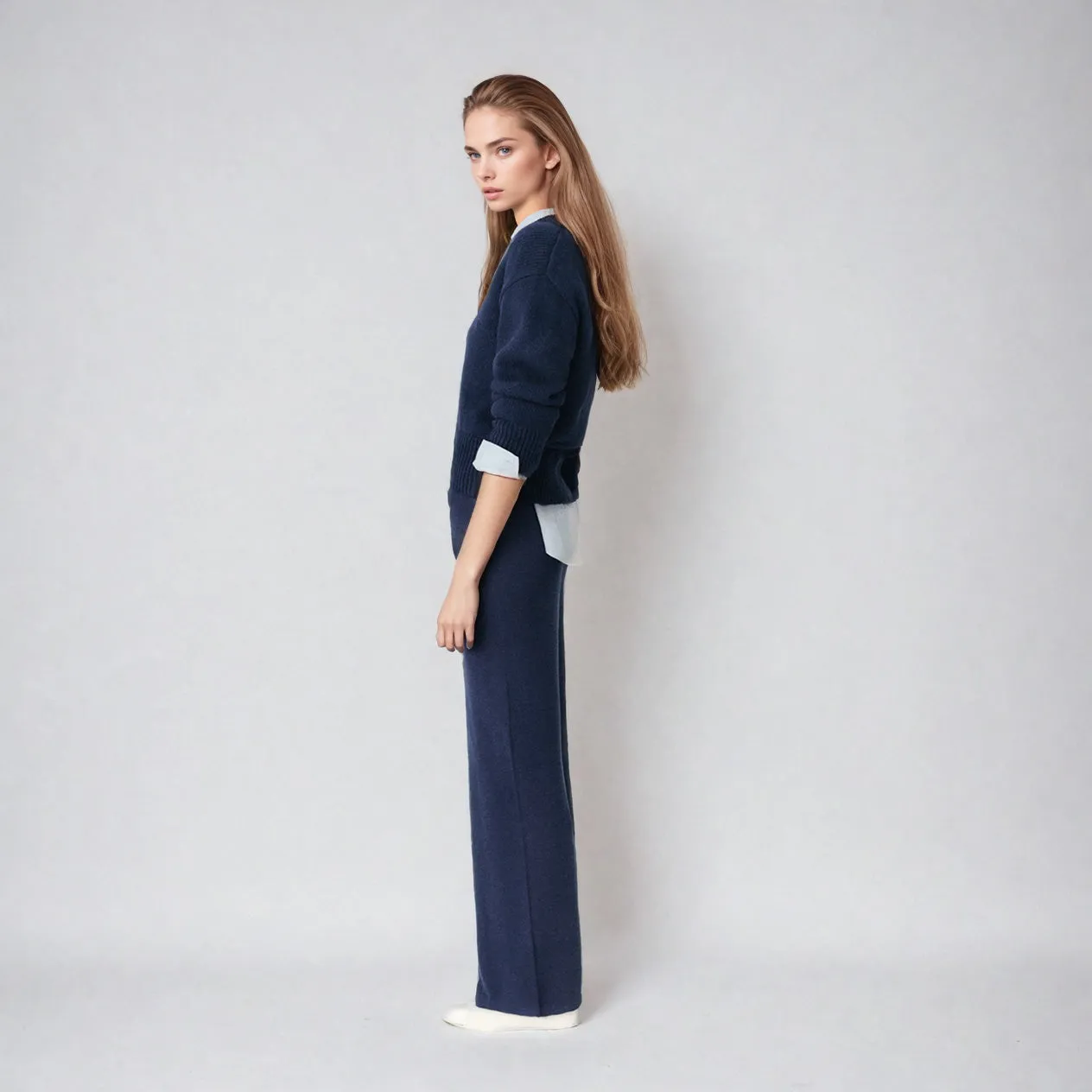 Tulip - Linen Knitted Wide-Leg Pants - Blue Indigo | Women's