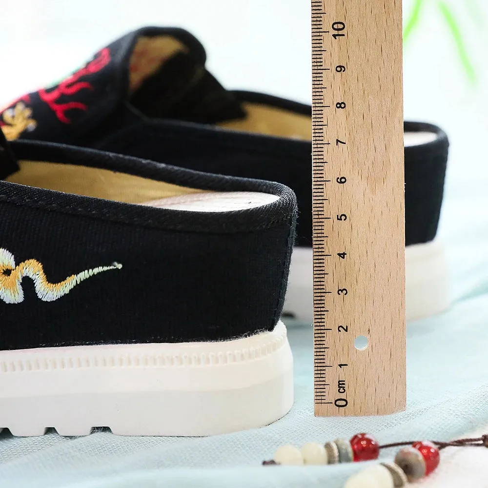 Veowalk Chinese Totem Embroidery Women's Casual Canvas Wedge Slippers Medium Hidden Heel Slip-on Comfort Platform Slides Shoes